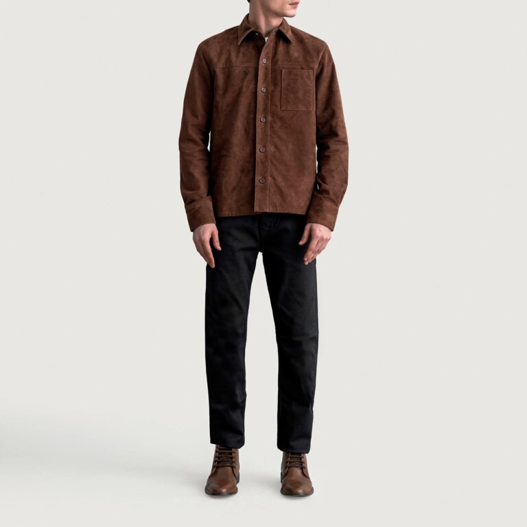Mens Scout Mocha Suede Leather Shirt Full Length-2-1724084108437